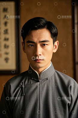 身着中式服装男子正面肖像