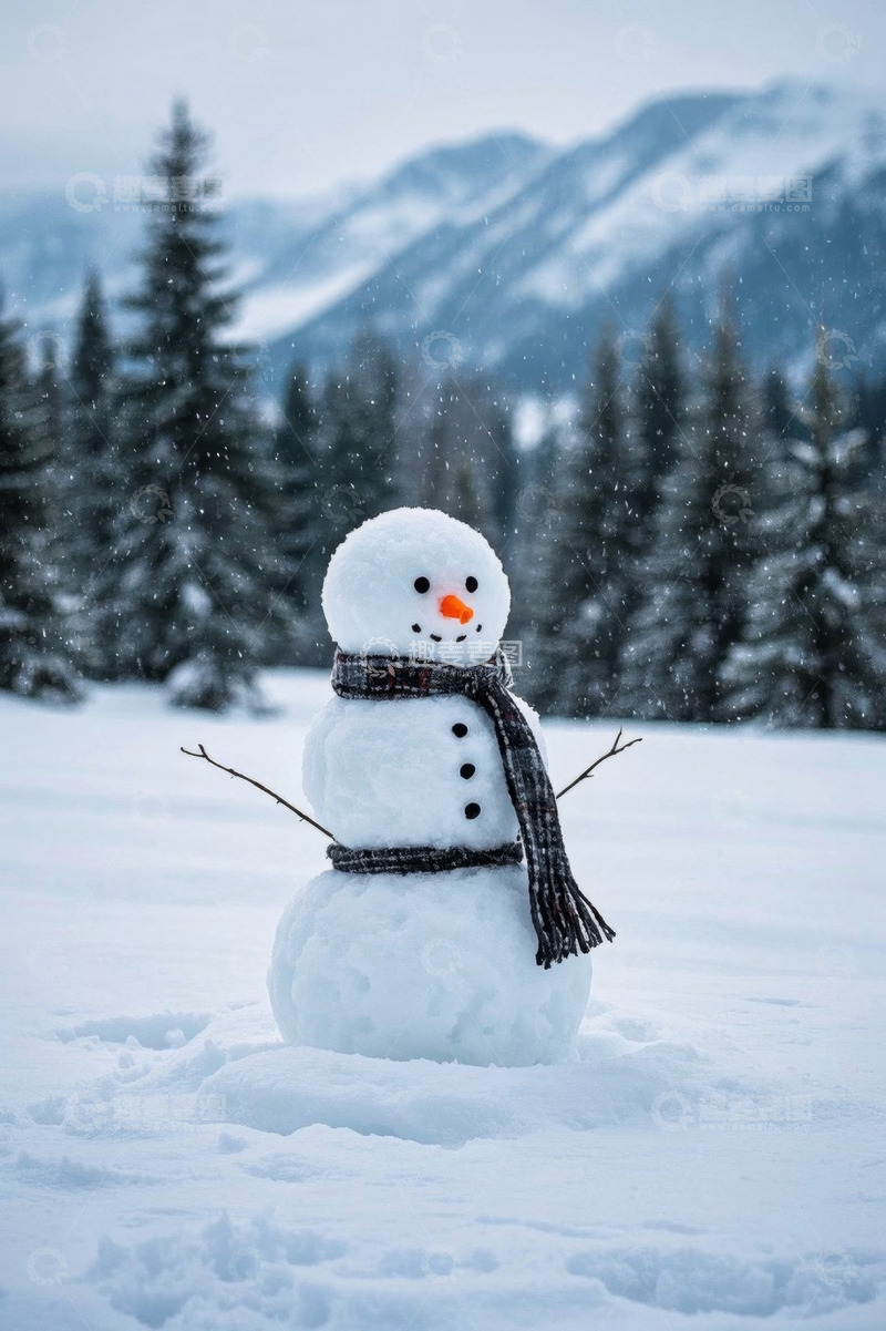 高清大图下载【趣麦麦图】雪地中戴围巾的可爱雪人