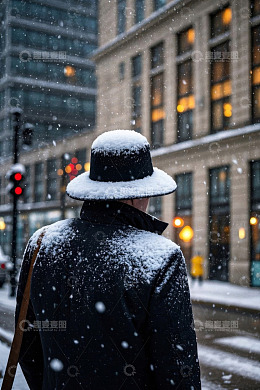 雪中行人背影城市街道景象