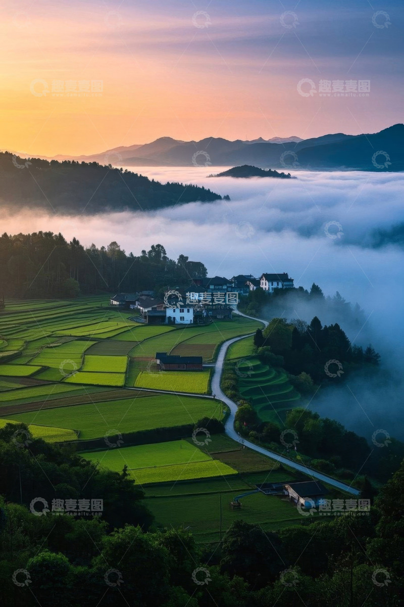 高清大图下载【趣麦麦图】山村晨景田园云海风光