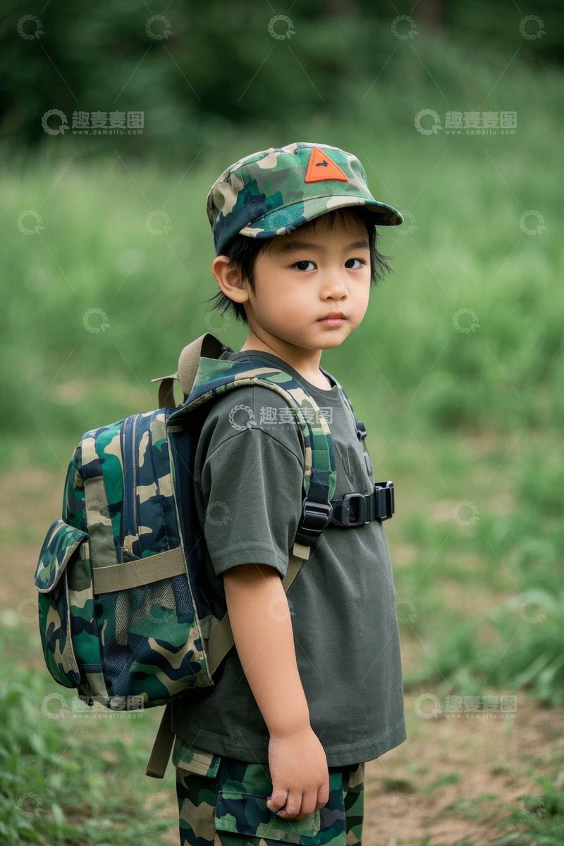 高清大图下载【趣麦麦图】户外背迷彩包的小男孩