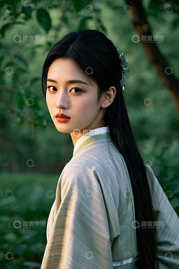 古装女子于林间的侧身肖像