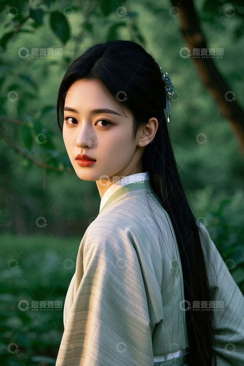 古装女子于林间的侧身肖像