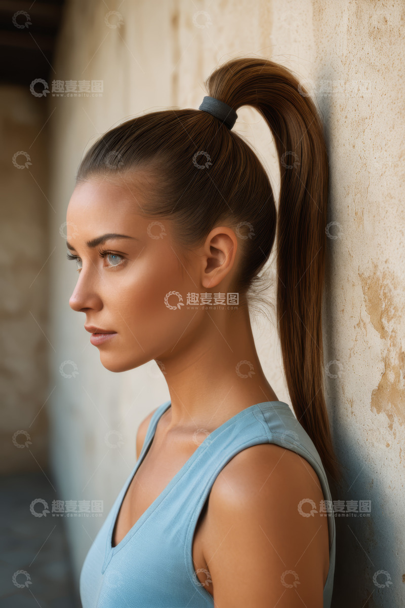 高清大图下载【趣麦麦图】靠墙站立的年轻女子侧颜