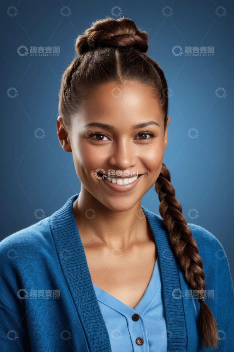 高清大图下载【趣麦麦图】微笑女人蓝色服饰肖像素材