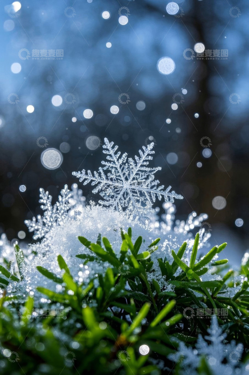 高清大图下载【趣麦麦图】覆雪绿植上的雪花特写