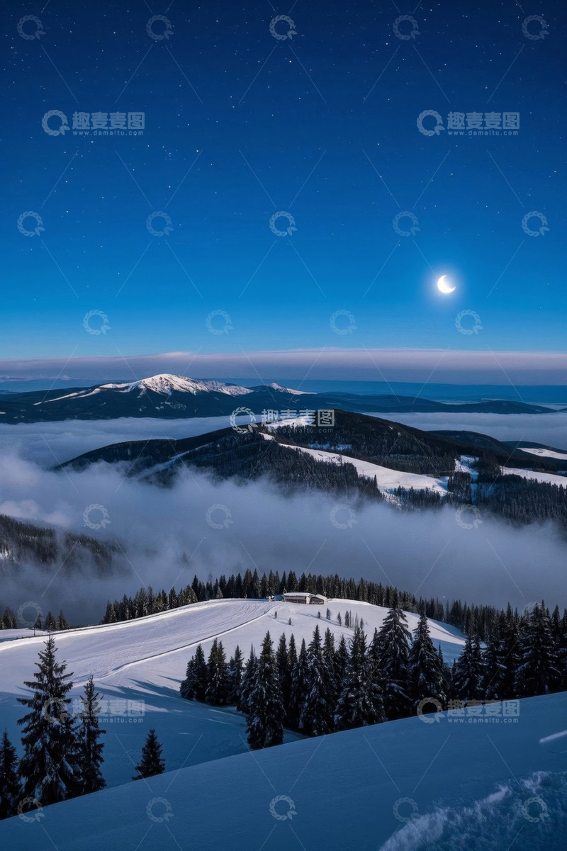 高清大图下载【趣麦麦图】月夜下雪山森林云海美景