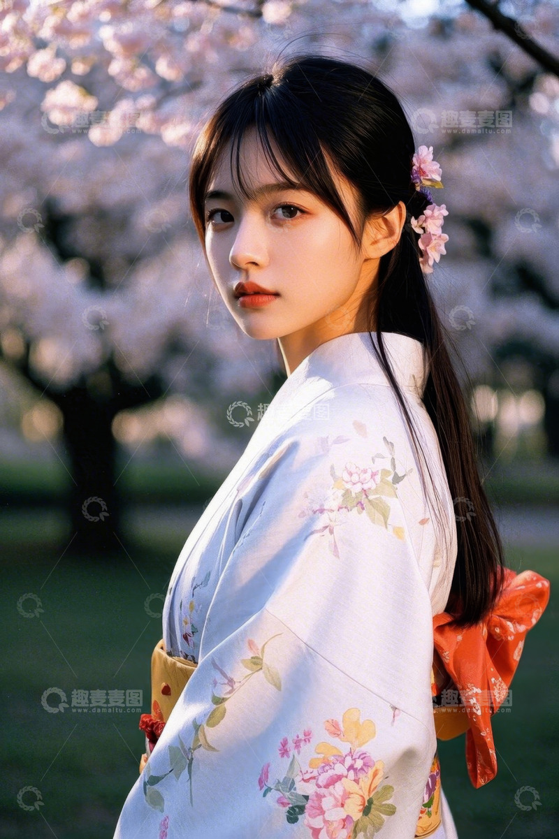 高清大图下载【趣麦麦图】身着和服的亚洲女子赏樱