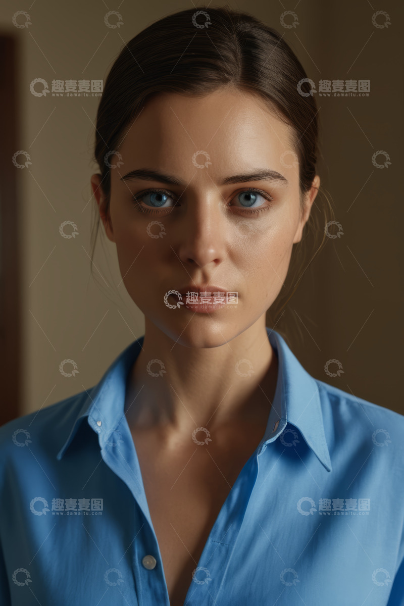 高清大图下载【趣麦麦图】穿蓝色衬衫的年轻女性肖像