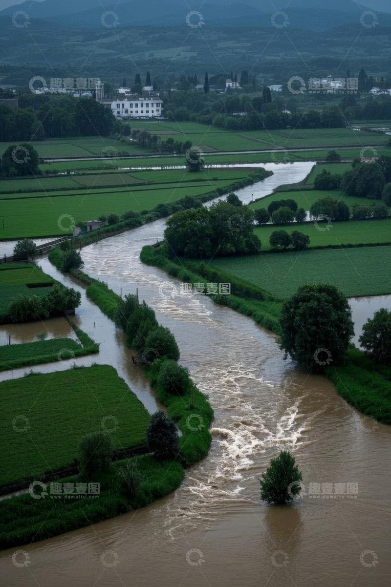 高清大图下载【趣麦麦图】田野间河流俯瞰全景