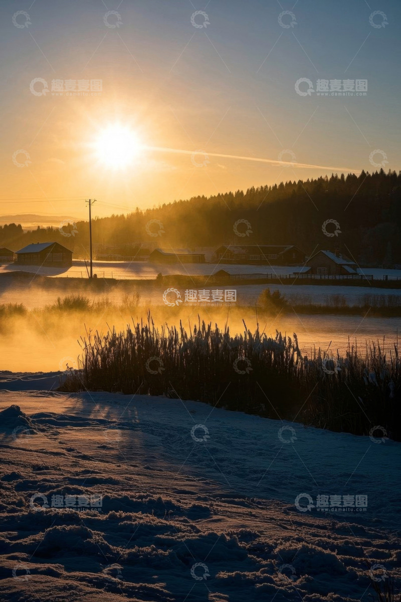 高清大图下载【趣麦麦图】冬日村庄日出雪景