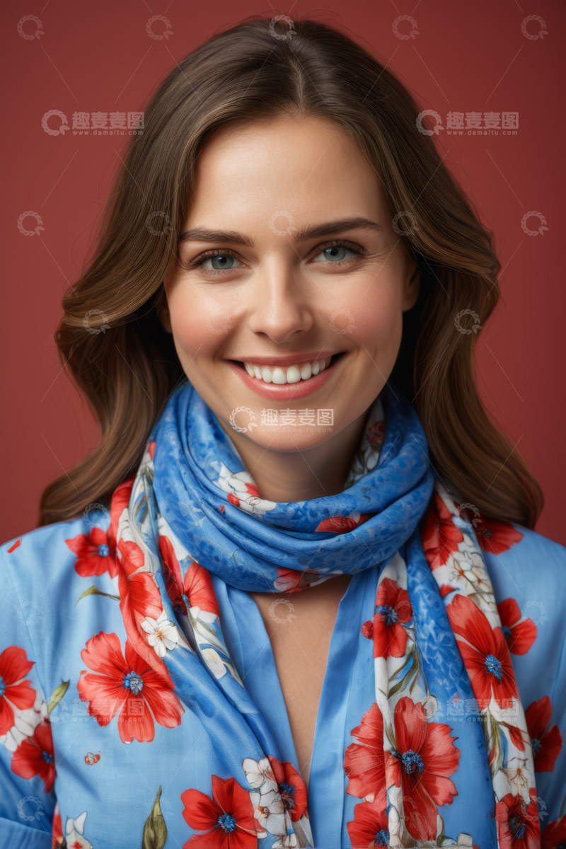 高清大图下载【趣麦麦图】微笑女子花卉衬衫围巾肖像