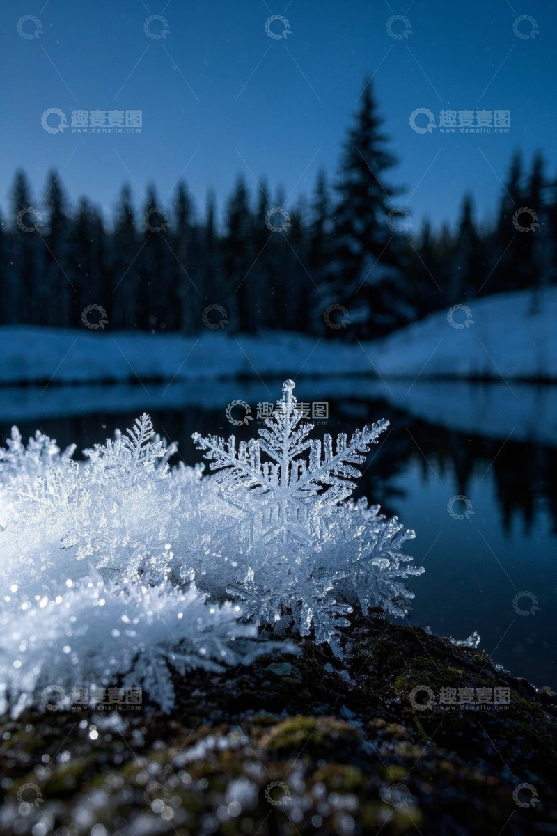 高清大图下载【趣麦麦图】湖畔特写晶莹雪花与森林背景