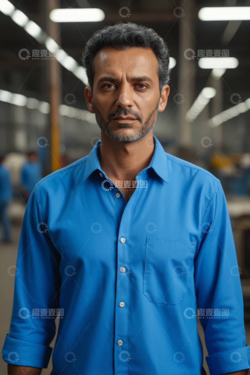 高清大图下载【趣麦麦图】工厂内穿蓝衬衫的男士肖像