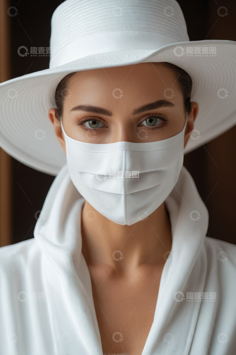 戴白色帽子和口罩的女性肖像