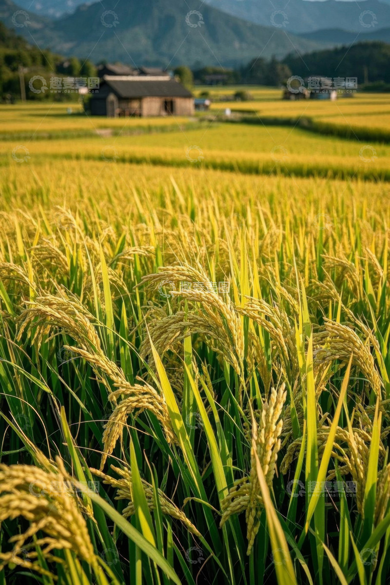 高清大图下载【趣麦麦图】金黄稻田与远山农舍景观