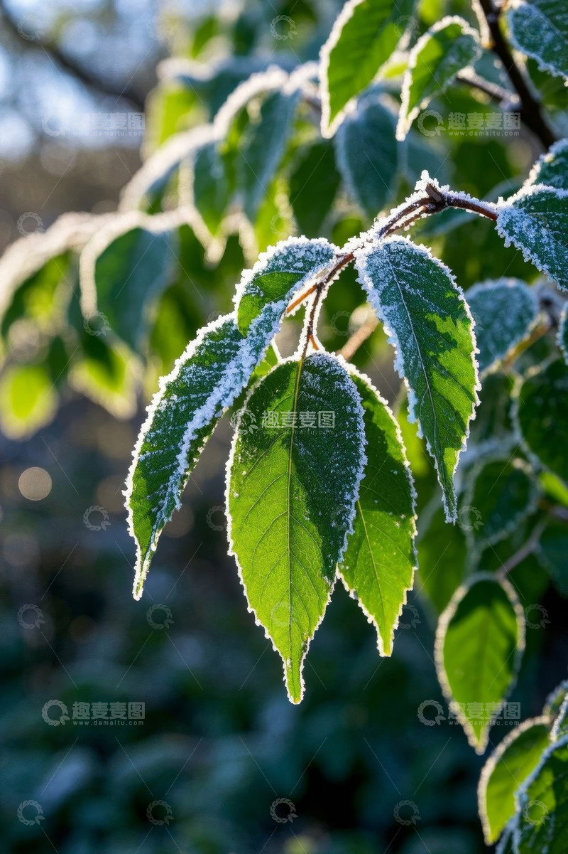 高清大图下载【趣麦麦图】覆霜绿叶自然景象