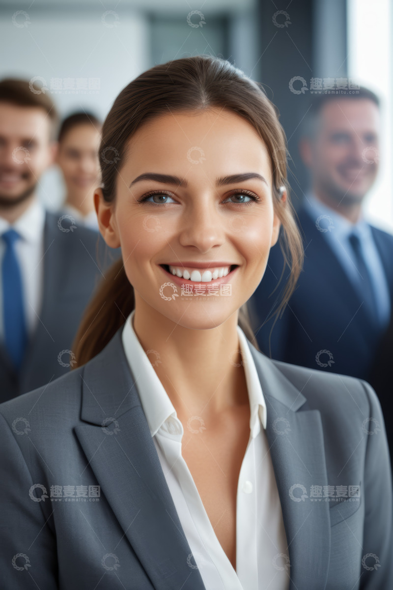 高清大图下载【趣麦麦图】微笑女商人与团队办公场景