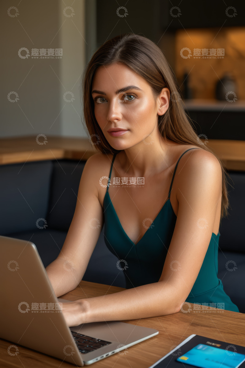 高清大图下载【趣麦麦图】女性居家使用笔记本电脑