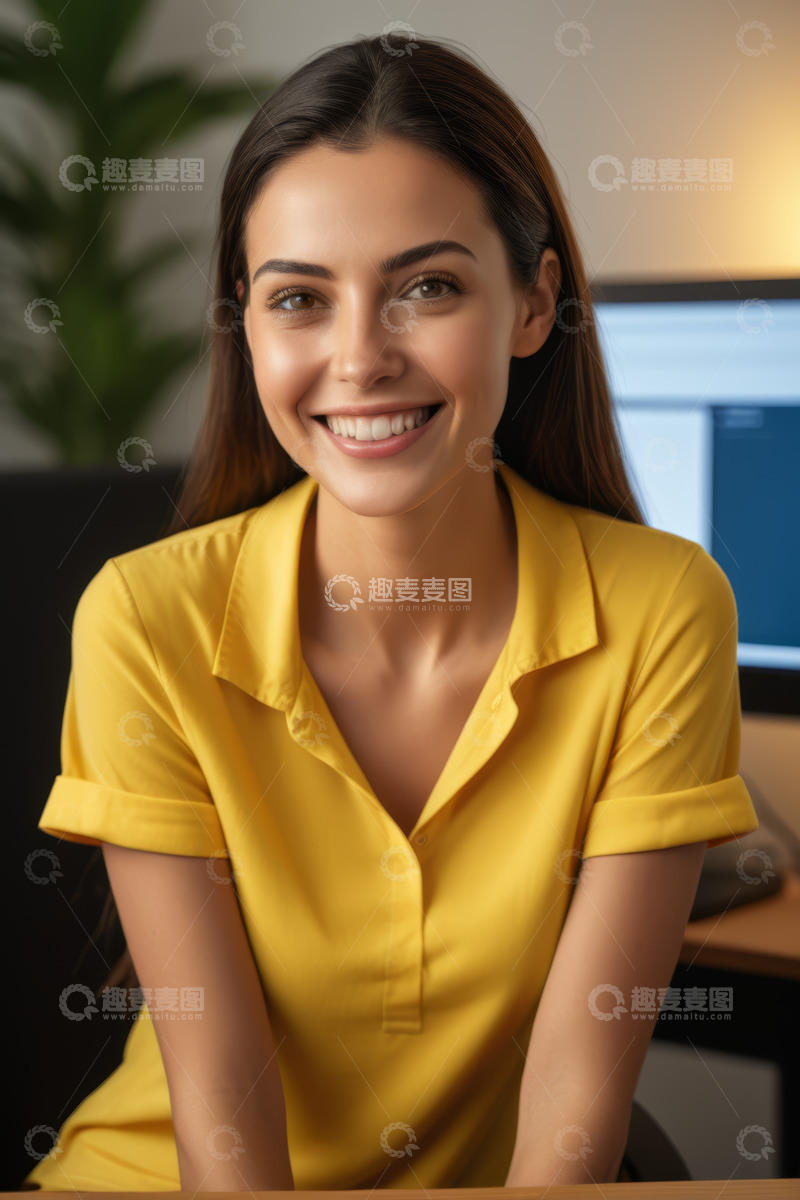 高清大图下载【趣麦麦图】穿黄衣微笑的年轻女性