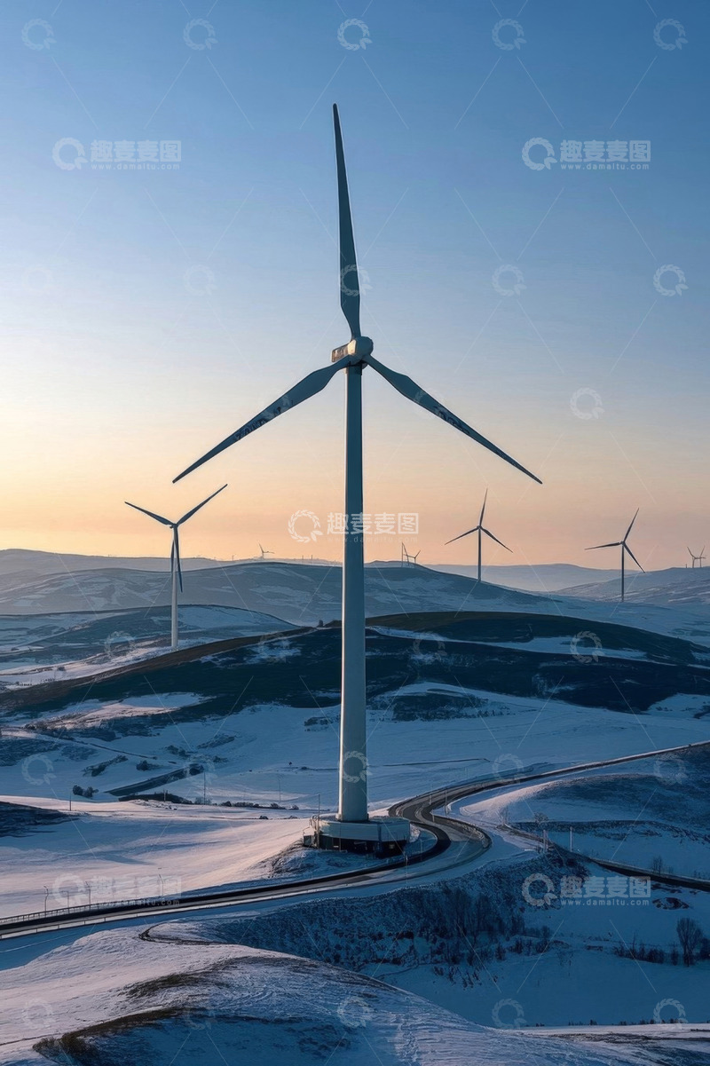 高清大图下载【趣麦麦图】雪地中的风力发电机景观