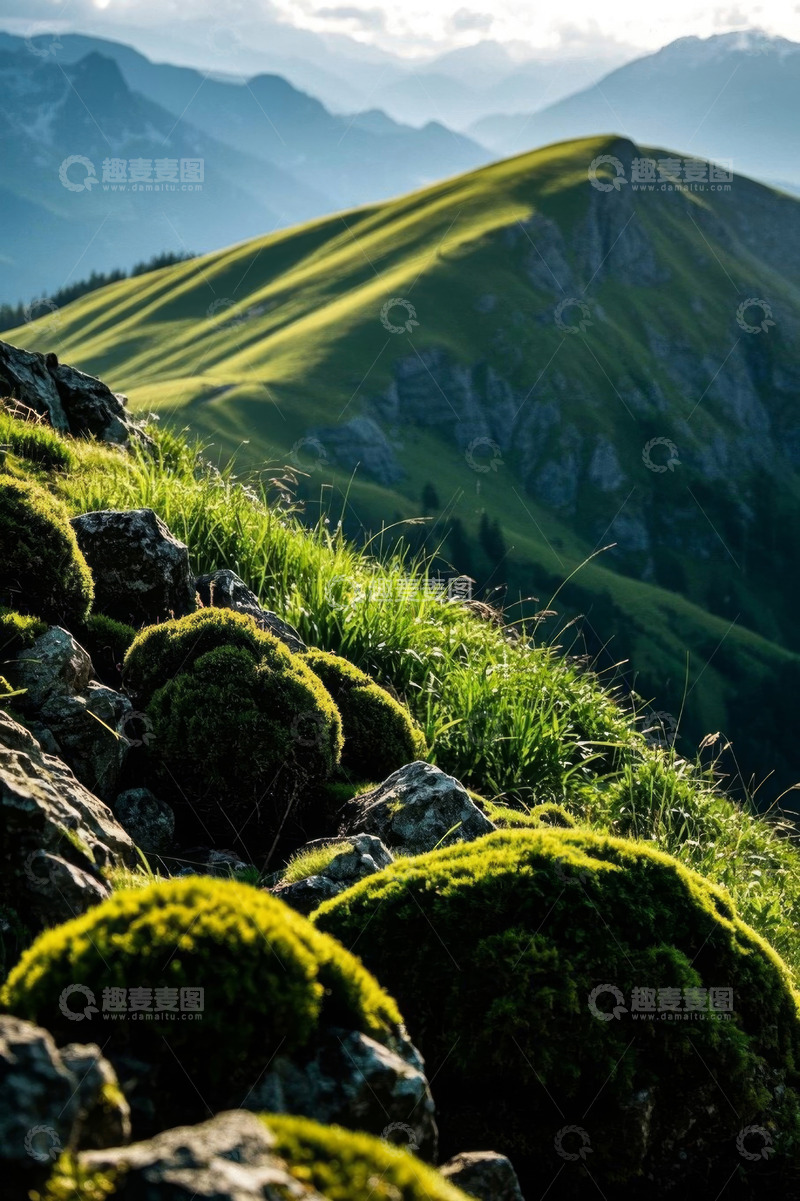 高清大图下载【趣麦麦图】山间草地与远处山峦景观
