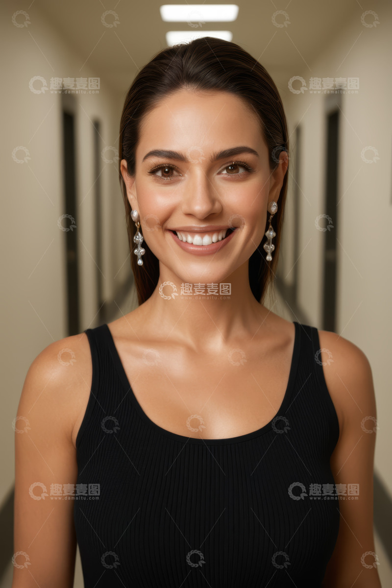 高清大图下载【趣麦麦图】走廊内微笑女子特写肖像