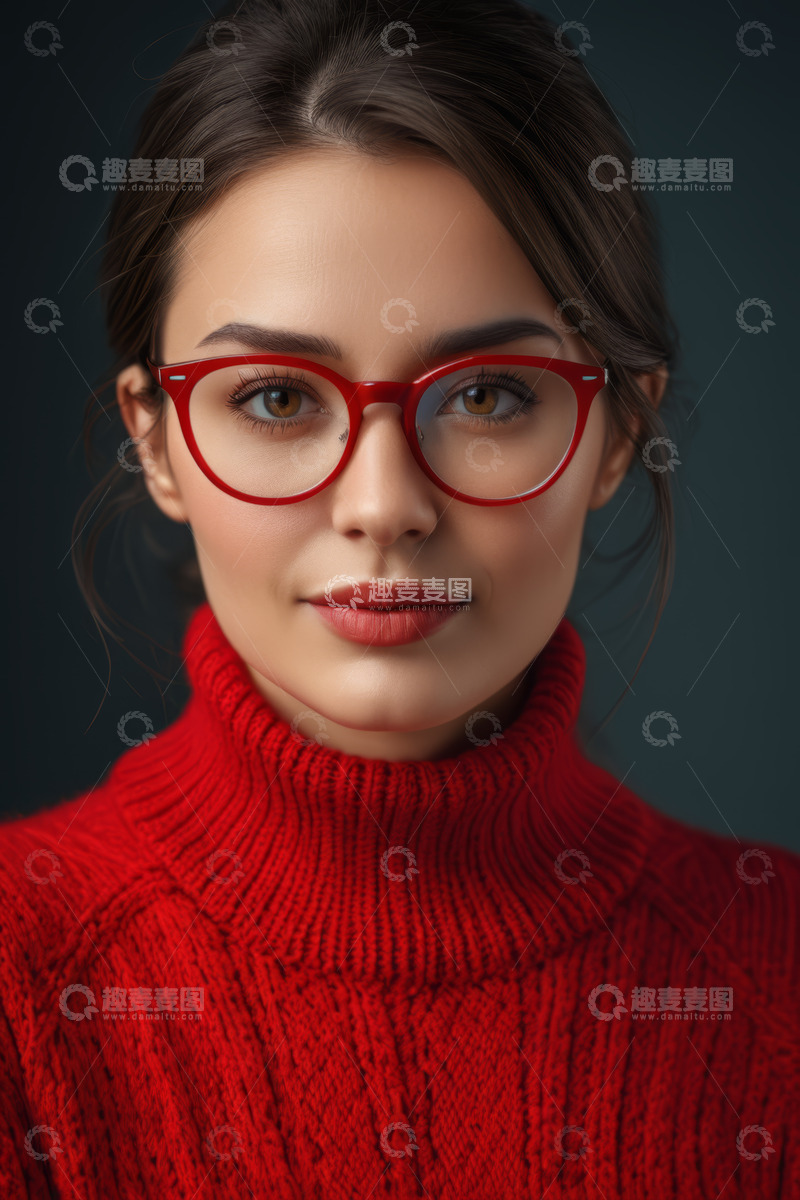 高清大图下载【趣麦麦图】戴红框眼镜穿红毛衣的女人