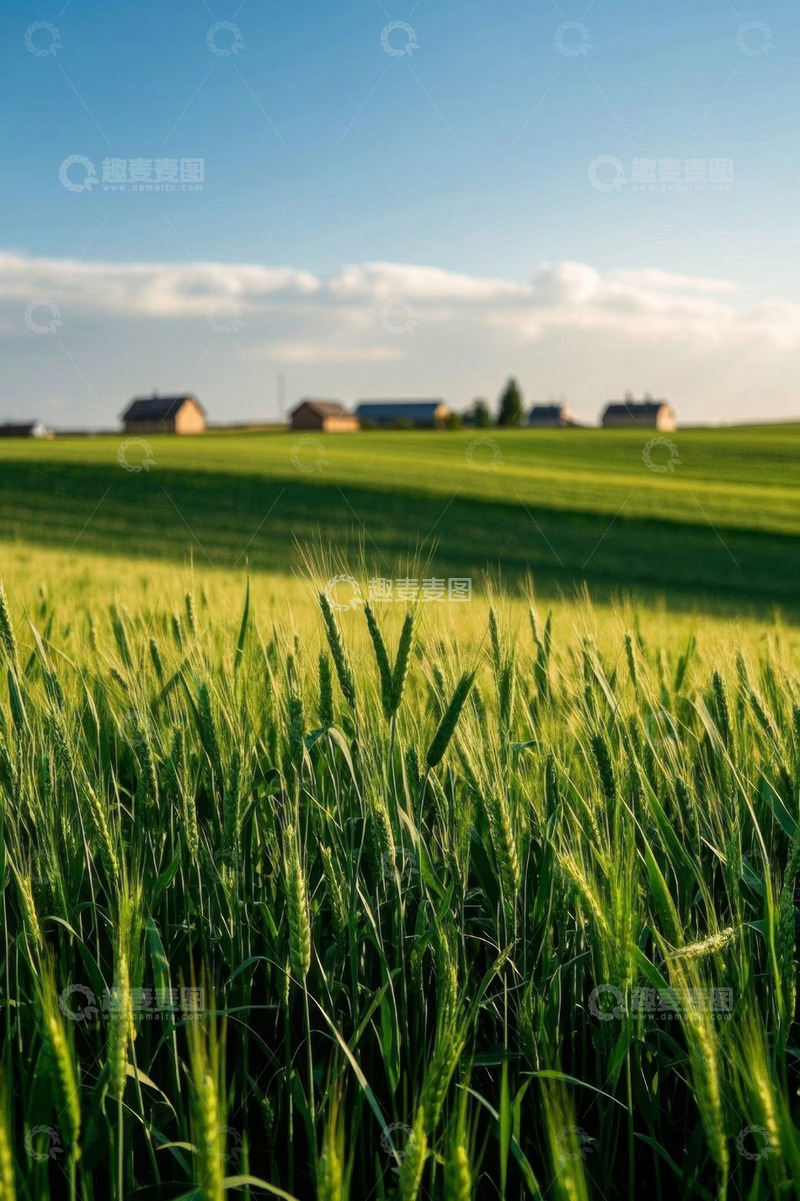 高清大图下载【趣麦麦图】绿色麦田与远处农舍景观
