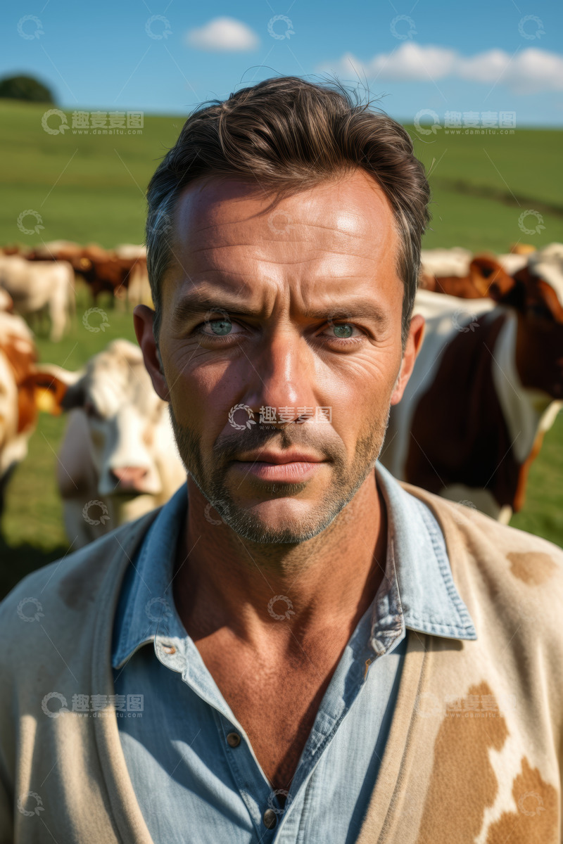 高清大图下载【趣麦麦图】牧场男子与牛群近景画面