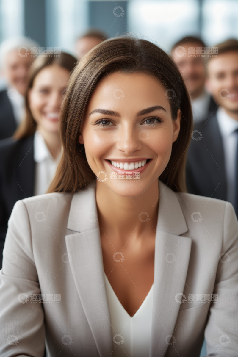 高清大图下载【趣麦麦图】微笑女商人与团队办公场景