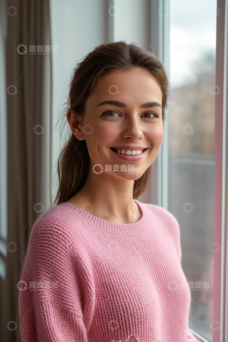 高清大图下载【趣麦麦图】窗边微笑的粉色毛衣女子
