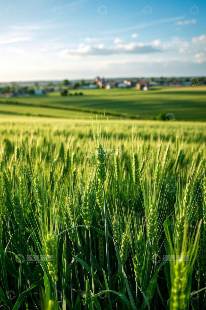 高清大图下载【趣麦麦图】绿色麦田与远处村庄风景