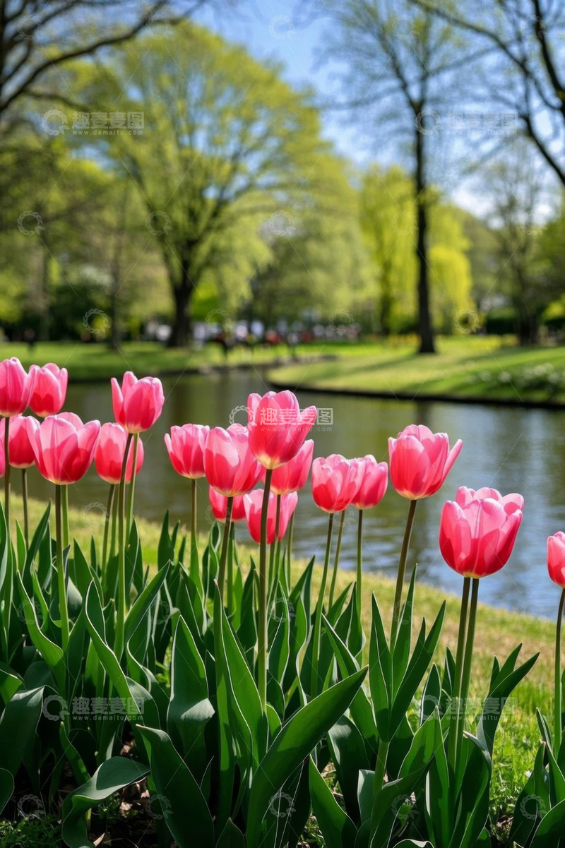 高清大图下载【趣麦麦图】湖畔盛开的粉红色郁金香