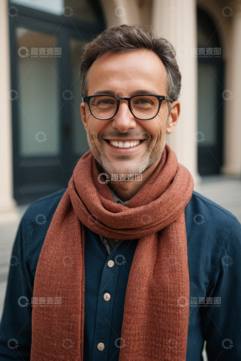高清大图下载【趣麦麦图】戴眼镜围巾男子户外微笑肖像