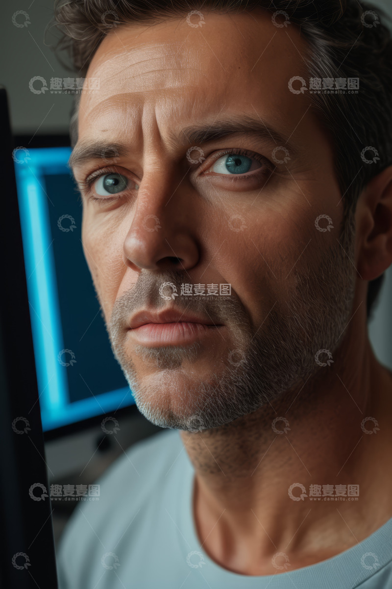 高清大图下载【趣麦麦图】男子面部特写凝视电脑屏幕