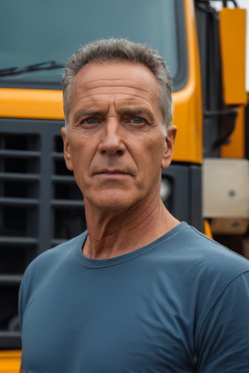 站在黄色卡车前的中年男性