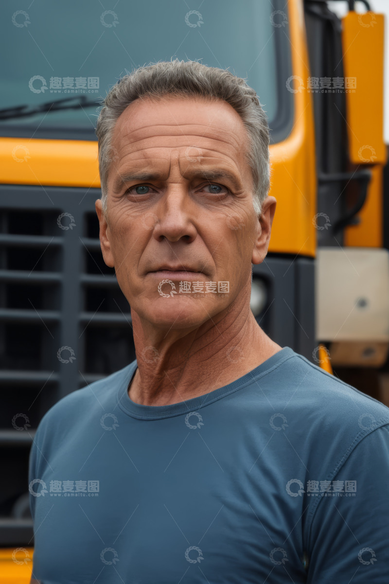 高清大图下载【趣麦麦图】站在黄色卡车前的中年男性