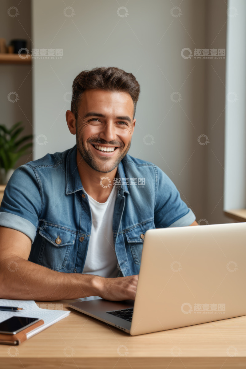 高清大图下载【趣麦麦图】男子微笑使用笔记本电脑