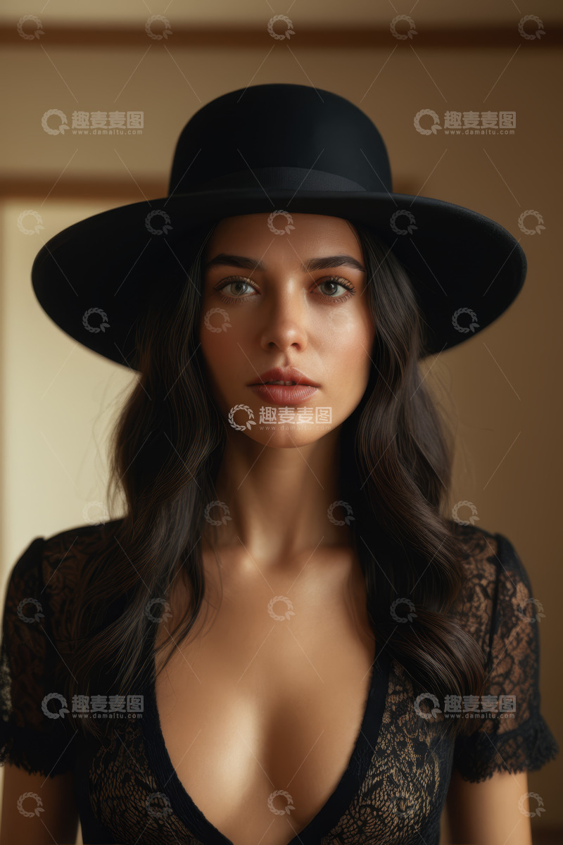 高清大图下载【趣麦麦图】戴黑帽的女性肖像