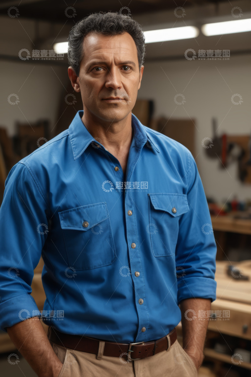 高清大图下载【趣麦麦图】车间内穿蓝衬衫的男性工人