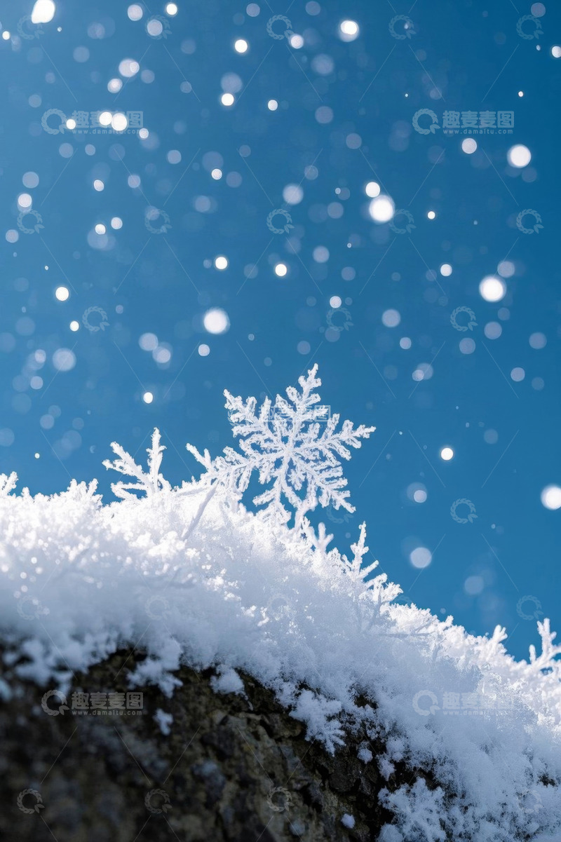 高清大图下载【趣麦麦图】特写雪花飘落于覆雪岩石
