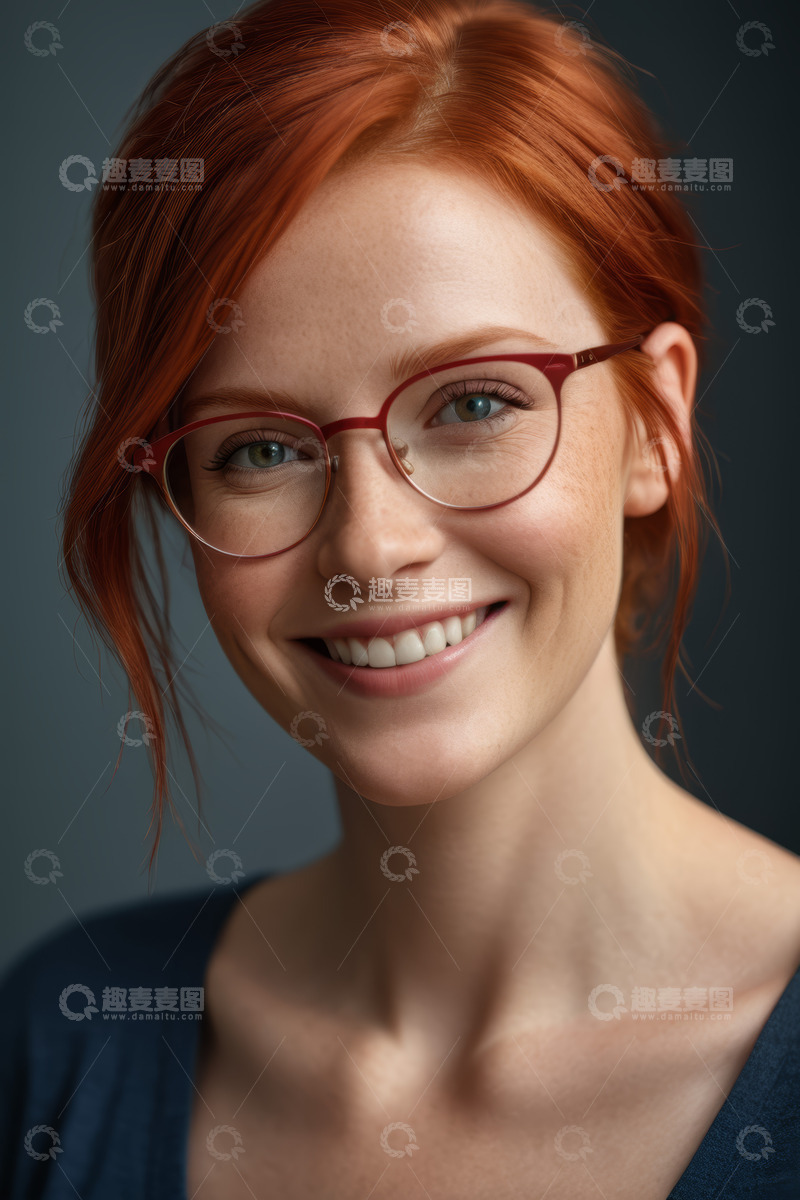 高清大图下载【趣麦麦图】红发微笑戴眼镜女性特写