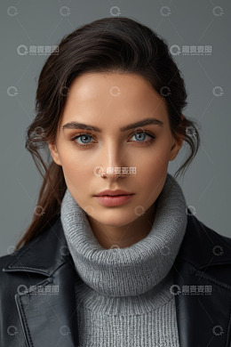 穿皮衣高领毛衣的年轻女性肖像