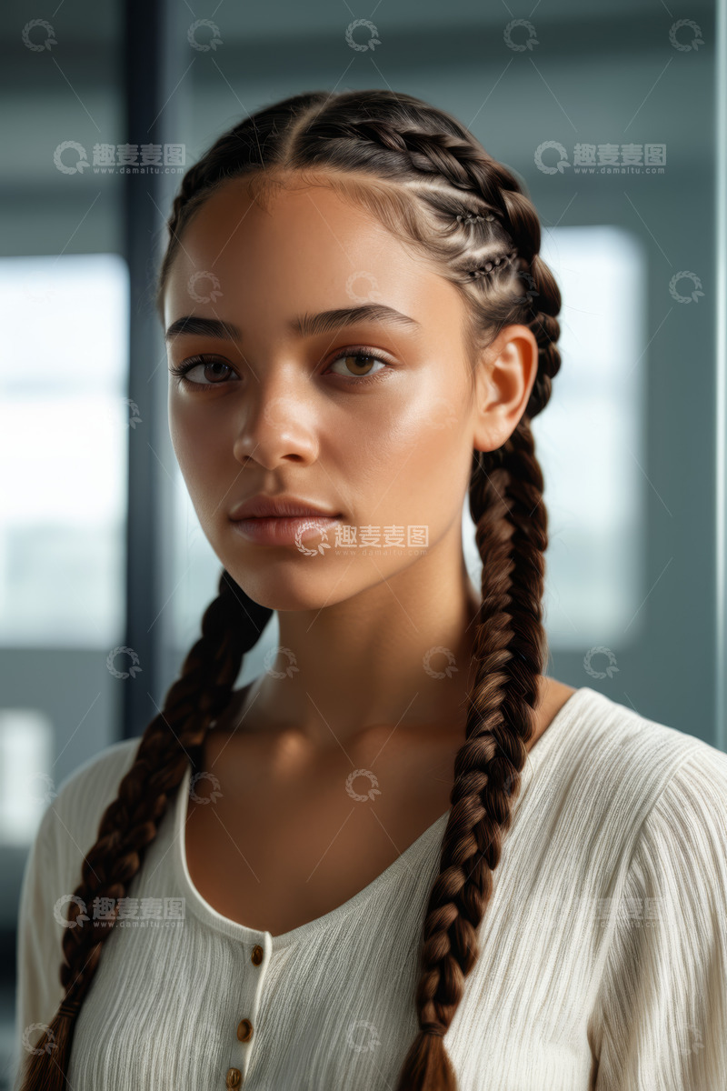高清大图下载【趣麦麦图】编发年轻女子肖像特写