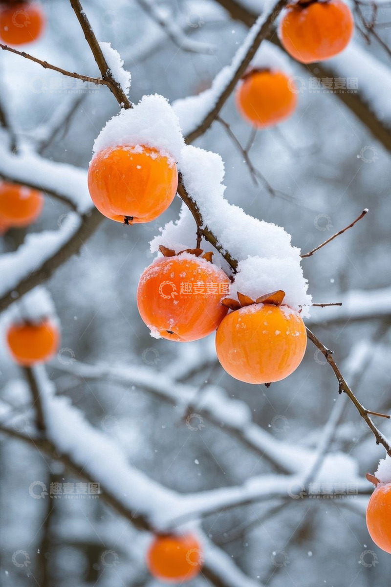 高清大图下载【趣麦麦图】雪覆枝头的橙色柿子