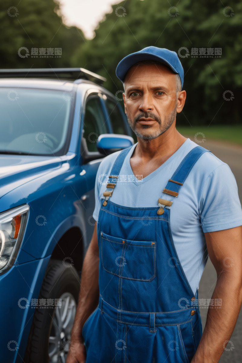 高清大图下载【趣麦麦图】穿工装的男子站在蓝色汽车旁