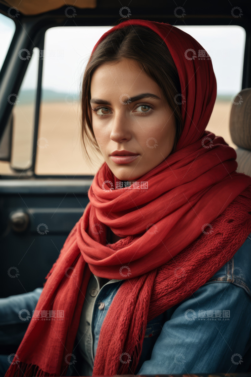 高清大图下载【趣麦麦图】车内戴红围巾的女子肖像