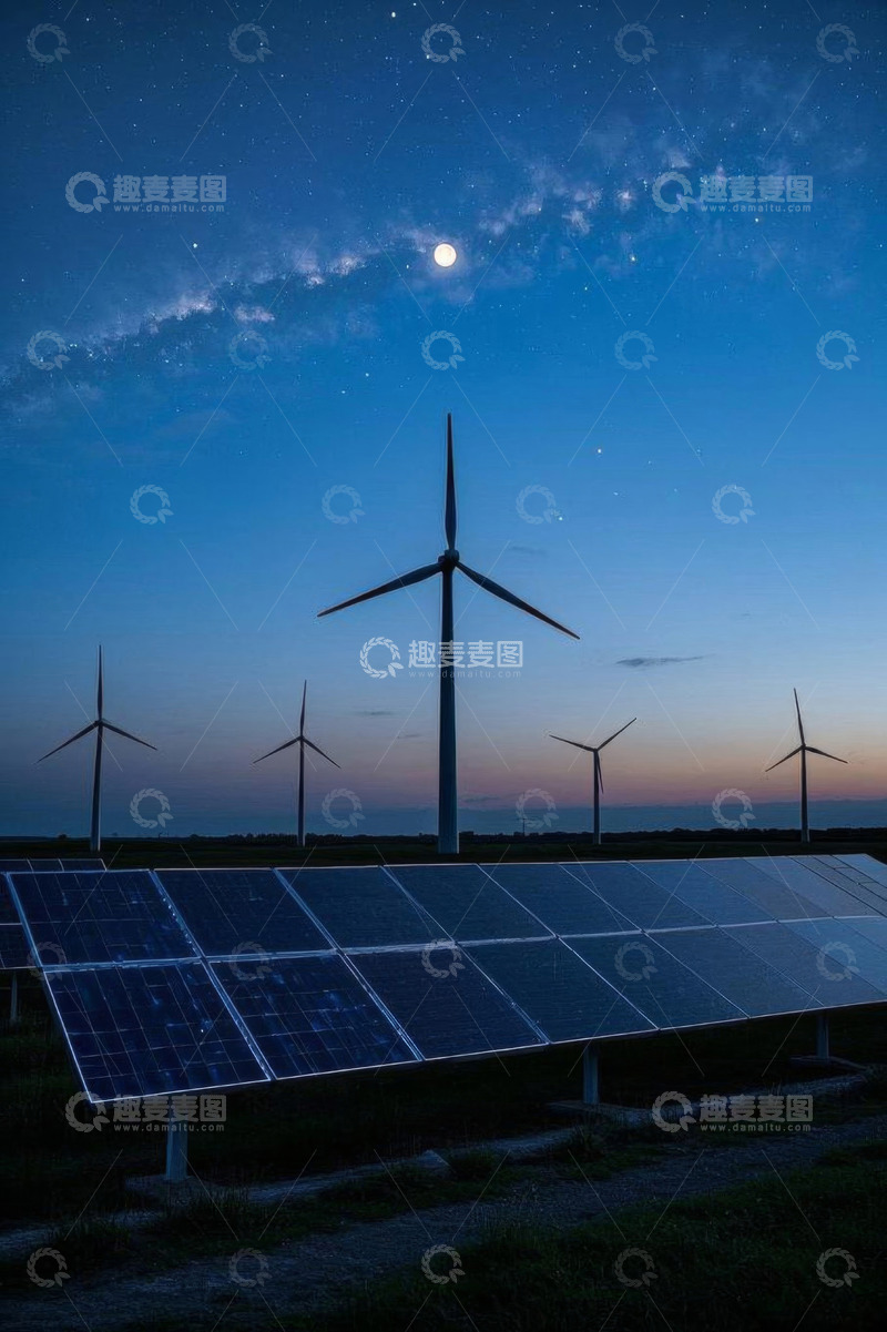 高清大图下载【趣麦麦图】夜晚星空下的风电与太阳能发电场