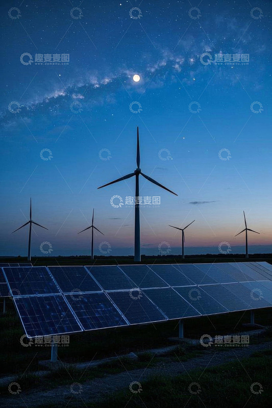 夜晚星空下的风电与太阳能发电场